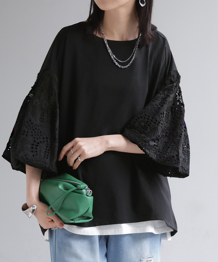 Tシャツ 接触冷感 レース ドッキング レディース トップス ロング カットソー 異素材 ティーシャツ ラウンドネック 半袖 バルーン 長い | HUG.U | 02