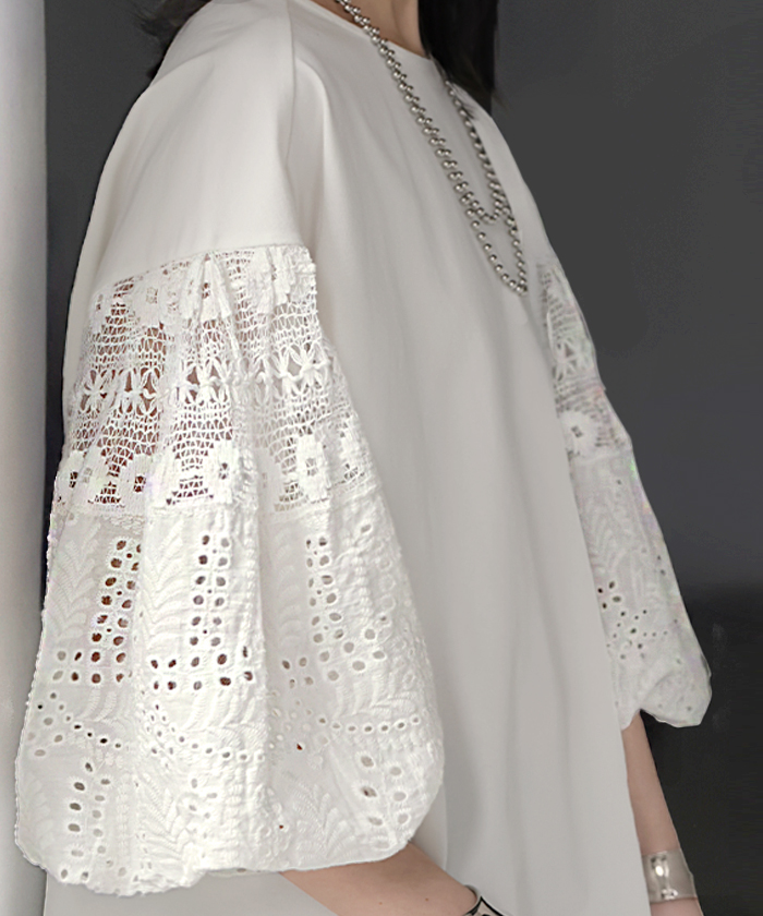 Tシャツ 接触冷感 レース ドッキング レディース トップス ロング カットソー 異素材 ティーシャツ ラウンドネック 半袖 バルーン 長い | HUG.U | 01