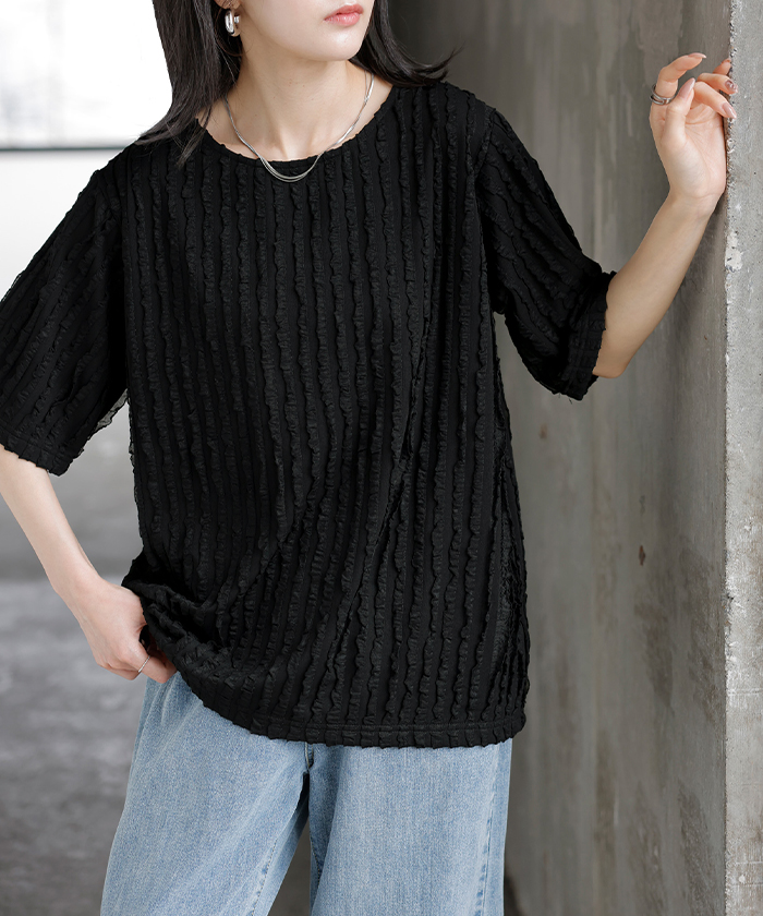 Tシャツ カットソー 半袖 立体 フリル レディース トップス ティーシャツ チュニック フリルTシャツ クルーネック プルオーバー ライン | HUG.U | 03