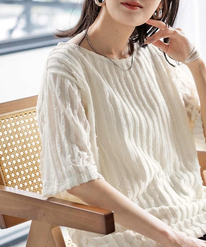 Tシャツ カットソー 半袖 立体 フリル レディース トップス ティーシャツ チュニック フリルTシャツ クルーネック プルオーバー ライン | HUG.U | 01