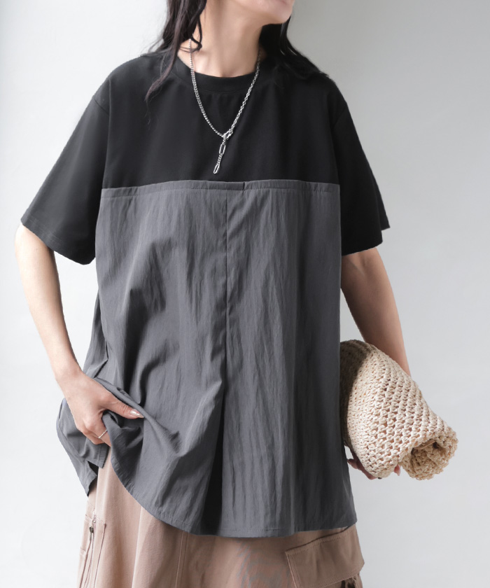 Tシャツ バックプリーツ 異素材 MIX レディース トップス カットソー ドッキング Uネック プリーツ 半袖 タック ふんわり 軽い 切り替え デザイン 通気性 ボタン | HUG.U | 02