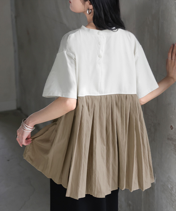 Tシャツ バックプリーツ 異素材 MIX レディース トップス カットソー ドッキング Uネック プリーツ 半袖 タック ふんわり 軽い 切り替え デザイン 通気性 ボタン | HUG.U | 01