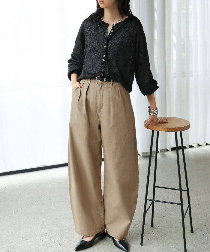 パンツ バレルレッグ レディース ストレッチ ボトムス カーブパンツ 綿 混 テーパード バレルパンツ タックパンツ インタック 体型カバー 脚長 ハイウエスト | HUG.U | 02