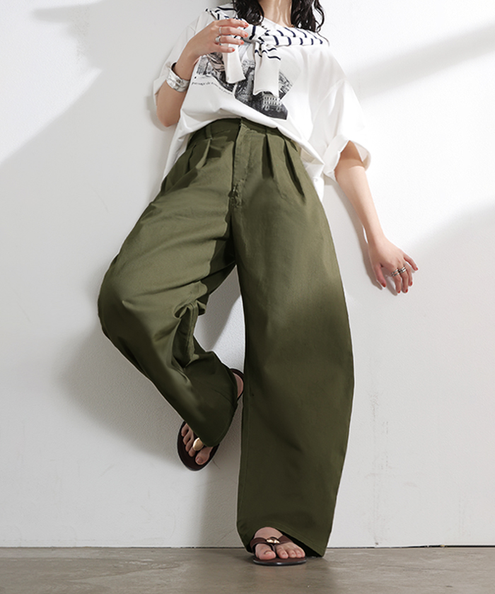 パンツ バレルレッグ レディース ストレッチ ボトムス カーブパンツ 綿 混 テーパード バレルパンツ タックパンツ インタック 体型カバー 脚長 ハイウエスト | HUG.U | 03