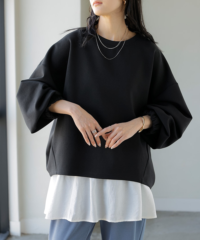 スウェット キャミ 2点セット レディース トップス キャミソール インナー タンク トレーナー ポンチ プルオーバー ボリュームスリーブ 付け裾 長袖 | HUG.U | 04