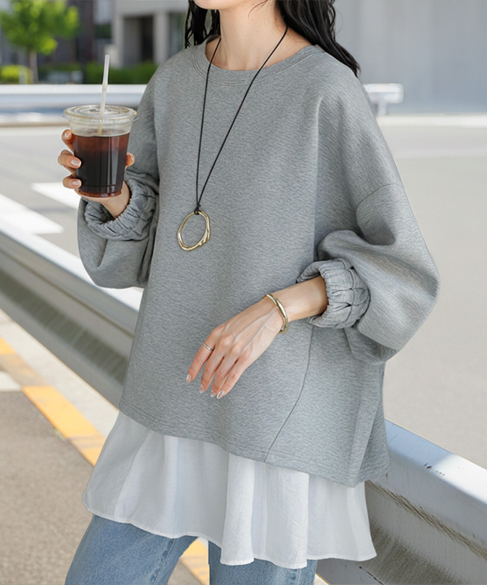 スウェット キャミ 2点セット レディース トップス キャミソール インナー タンク トレーナー ポンチ プルオーバー ボリュームスリーブ 付け裾 長袖 | HUG.U | 02