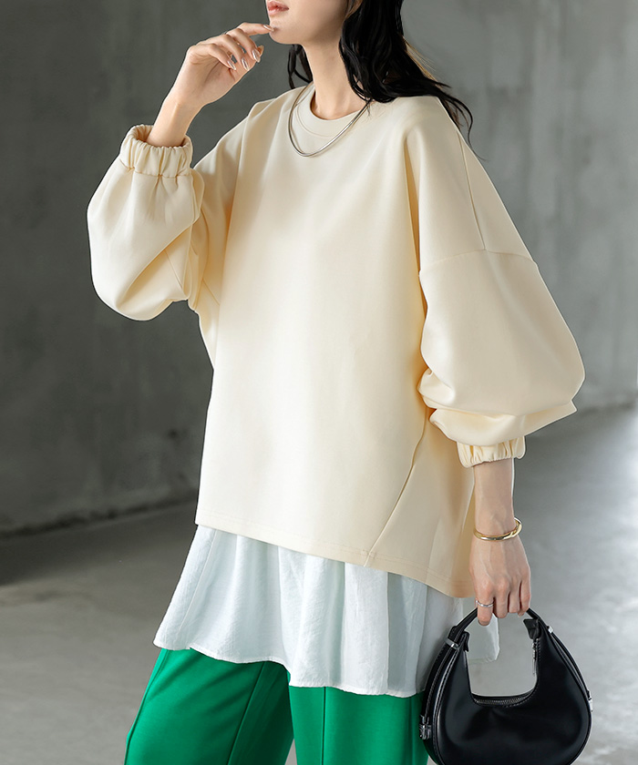 スウェット キャミ 2点セット レディース トップス キャミソール インナー タンク トレーナー ポンチ プルオーバー ボリュームスリーブ 付け裾 長袖 | HUG.U | 01