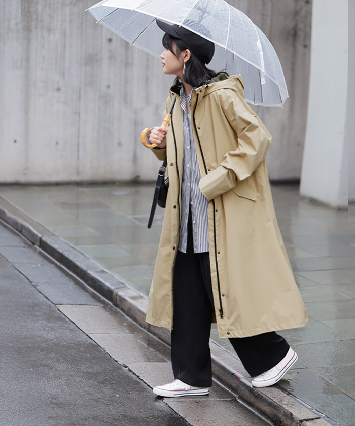 レインコート コート ロング レディース アウター 自転車 体型カバー リュック対応 通勤 通学 カッパ 雨具 撥水 ロングコート レインウェア スプリングコート | HUG.U | 02