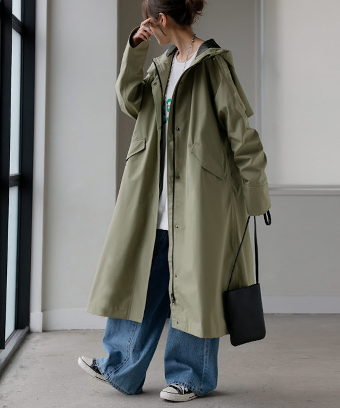 レインコート コート ロング レディース アウター 自転車 体型カバー リュック対応 通勤 通学 カッパ 雨具 撥水 ロングコート レインウェア スプリングコート | HUG.U | 03