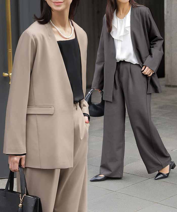 フォーマル 2点セット パンツ ジャケット レディース パンツスーツ スーツ セットアップ ノーカラー 入学式 卒業式 お宮参り セレモニースーツ レディーススーツ | HUG.U | 01