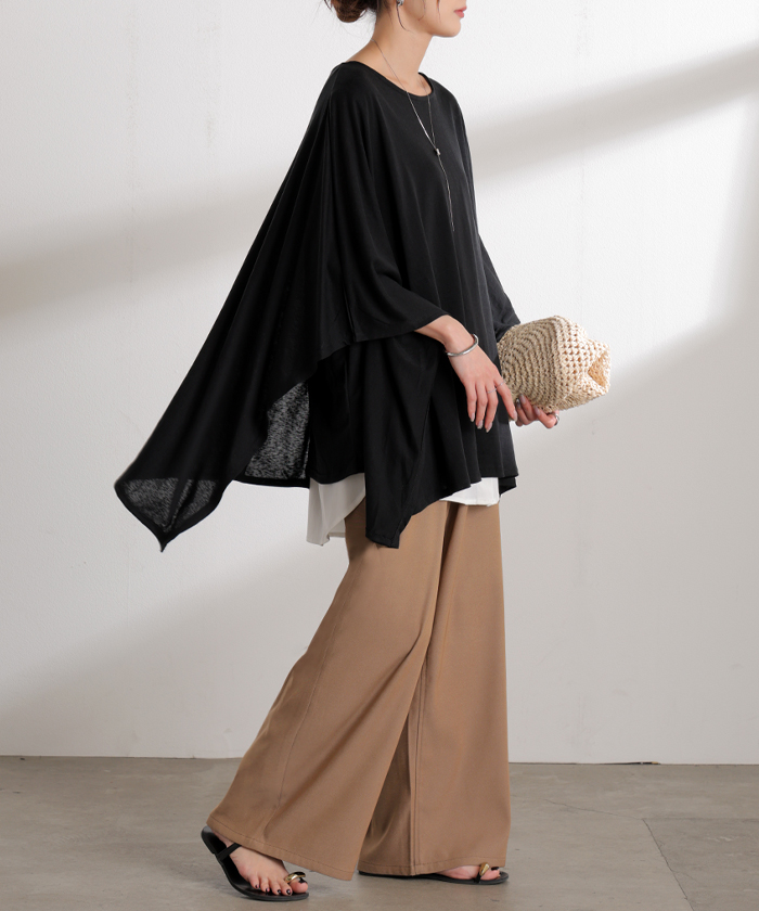 Tシャツ ドルマン レディース トップス カットソー 五分袖 七分袖 クルーネック ケープスリーブ 二の腕カバー 体型カバー お尻が隠れる 涼しい 大きいサイズ | HUG.U | 04