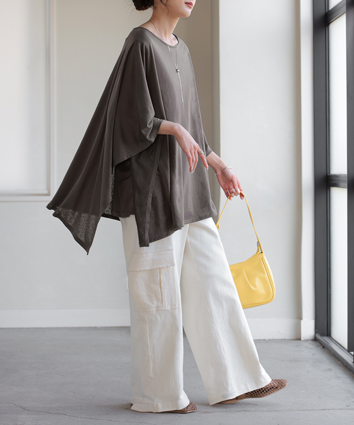 Tシャツ ドルマン レディース トップス カットソー 五分袖 七分袖 クルーネック ケープスリーブ 二の腕カバー 体型カバー お尻が隠れる 涼しい 大きいサイズ | HUG.U | 02