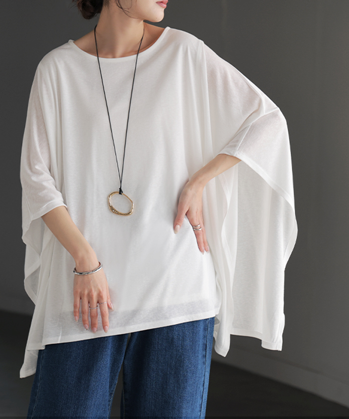 Tシャツ ドルマン レディース トップス カットソー 五分袖 七分袖 クルーネック ケープスリーブ 二の腕カバー 体型カバー お尻が隠れる 涼しい 大きいサイズ | HUG.U | 01