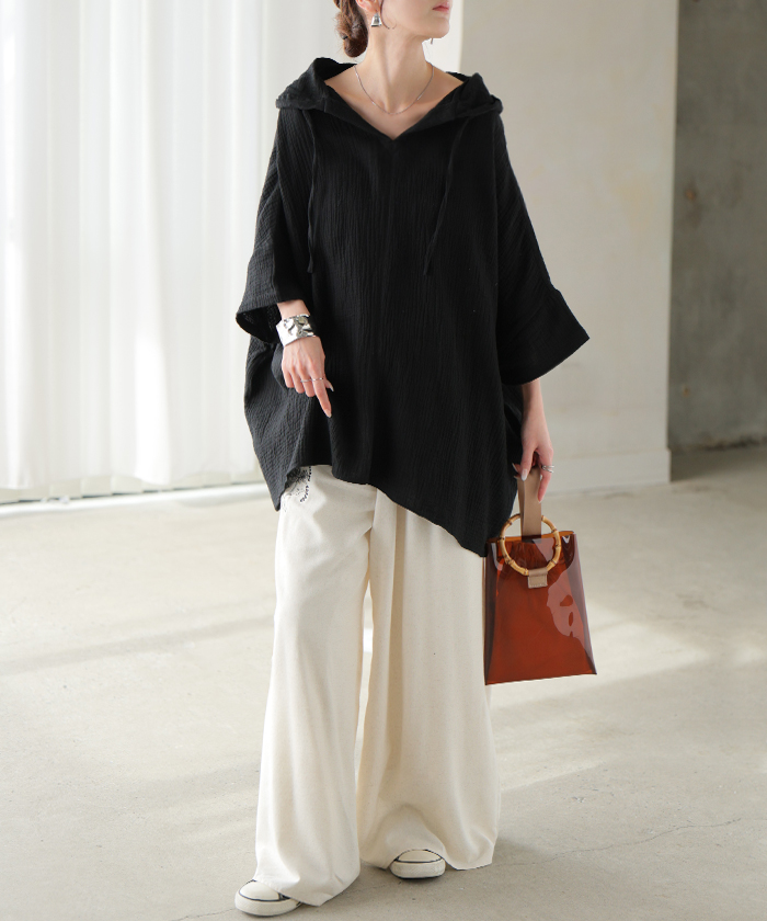 パーカー 綿100 ダブル ガーゼ 「 わたあめ パーカー 」 レディース トップス 半袖 Vネック フード フーディー チュニック お尻が隠れる プルオーバー コットン | HUG.U | 05