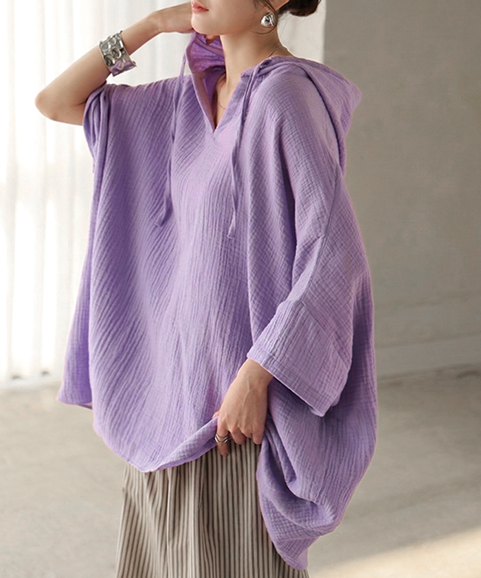 パーカー 綿100 ダブル ガーゼ 「 わたあめ パーカー 」 レディース トップス 半袖 Vネック フード フーディー チュニック お尻が隠れる プルオーバー コットン | HUG.U | 02