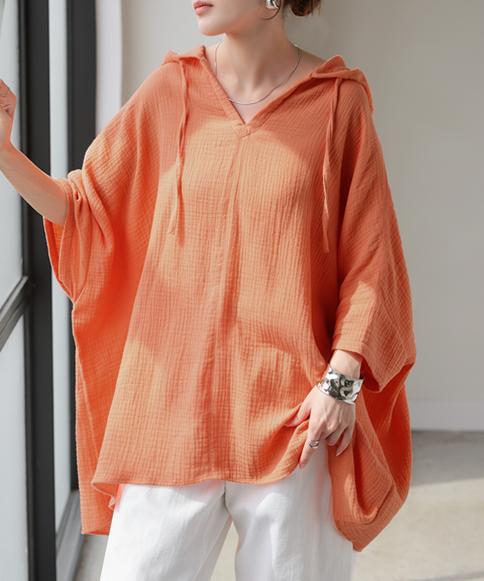 パーカー 綿100 ダブル ガーゼ 「 わたあめ パーカー 」 レディース トップス 半袖 Vネック フード フーディー チュニック お尻が隠れる プルオーバー コットン | HUG.U | 04