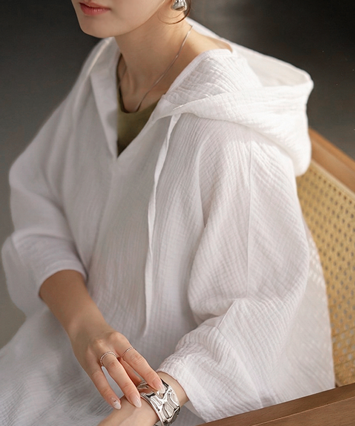 パーカー 綿100 ダブル ガーゼ 「 わたあめ パーカー 」 レディース トップス 半袖 Vネック フード フーディー チュニック お尻が隠れる プルオーバー コットン | HUG.U | 01