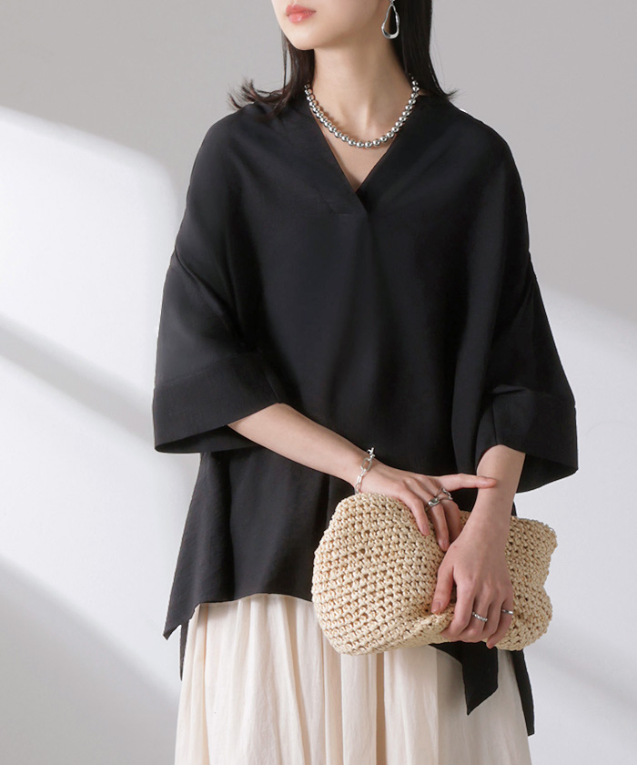 シャツ レディース ノーカラー トップス キーネック ブラウス ロング ロングシャツ チュニック 半袖 無地 バンドカラー ドルマンスリーブ 涼しい 二の腕カバー | HUG.U | 04