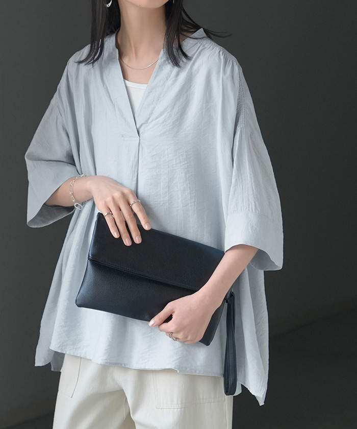 シャツ レディース ノーカラー トップス キーネック ブラウス ロング ロングシャツ チュニック 半袖 無地 バンドカラー ドルマンスリーブ 涼しい 二の腕カバー | HUG.U | 03