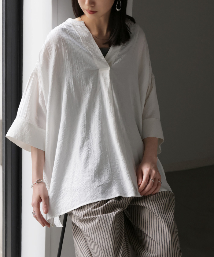 シャツ レディース ノーカラー トップス キーネック ブラウス ロング ロングシャツ チュニック 半袖 無地 バンドカラー ドルマンスリーブ 涼しい 二の腕カバー | HUG.U | 01