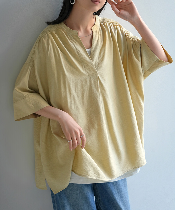 シャツ レディース ノーカラー トップス キーネック ブラウス ロング ロングシャツ チュニック 半袖 無地 バンドカラー ドルマンスリーブ 涼しい 二の腕カバー | HUG.U | 02