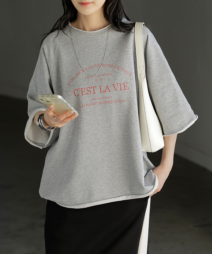 Tシャツ ジャスト丈 ロゴ トップス レディース 綿100 半袖 プリント カットソー ロング ティーシャツ ビッグ クルーネック ワイド ドルマン ドルマンスリーブ | HUG.U | 01