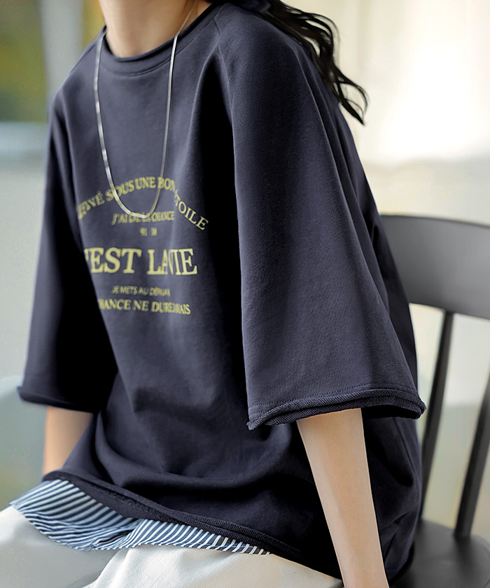 Tシャツ ジャスト丈 ロゴ トップス レディース 綿100 半袖 プリント カットソー ロング ティーシャツ ビッグ クルーネック ワイド ドルマン ドルマンスリーブ | HUG.U | 02