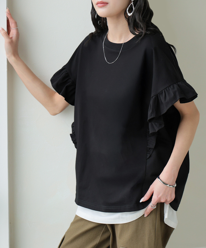 Tシャツ フリル 袖 レディース トップス ジャスト丈 フリル袖 フレア ティーシャツ クルーネック 長い 半袖 ストレッチ 軽い ゆったり シンプル 通気性 吸湿性 | HUG.U | 04