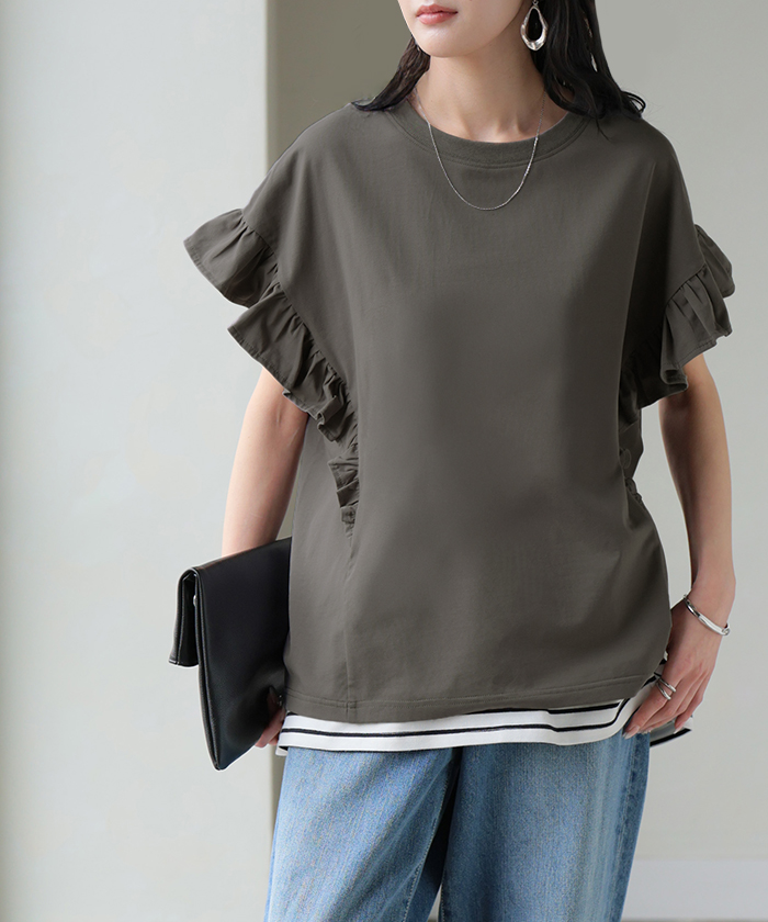 Tシャツ フリル 袖 レディース トップス ジャスト丈 フリル袖 フレア ティーシャツ クルーネック 長い 半袖 ストレッチ 軽い ゆったり シンプル 通気性 吸湿性 | HUG.U | 03