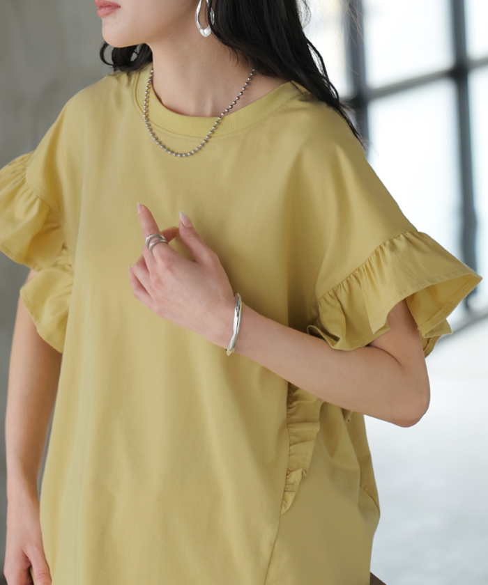 Tシャツ フリル 袖 レディース トップス ジャスト丈 フリル袖 フレア ティーシャツ クルーネック 長い 半袖 ストレッチ 軽い ゆったり シンプル 通気性 吸湿性 | HUG.U | 02