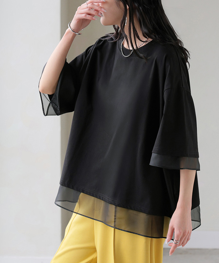 Tシャツ レイヤード風 レディース トップス 半袖 カットソー ロング ティーシャツ 異素材 ドッキング レイヤード クルーネック 長い ドルマン ドルマンスリーブ | HUG.U | 03