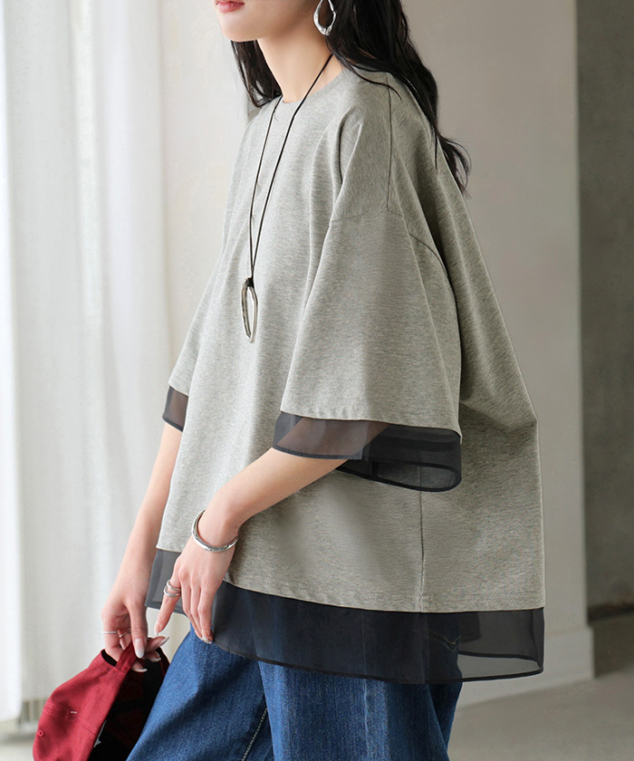 Tシャツ レイヤード風 レディース トップス 半袖 カットソー ロング ティーシャツ 異素材 ドッキング レイヤード クルーネック 長い ドルマン ドルマンスリーブ | HUG.U | 02