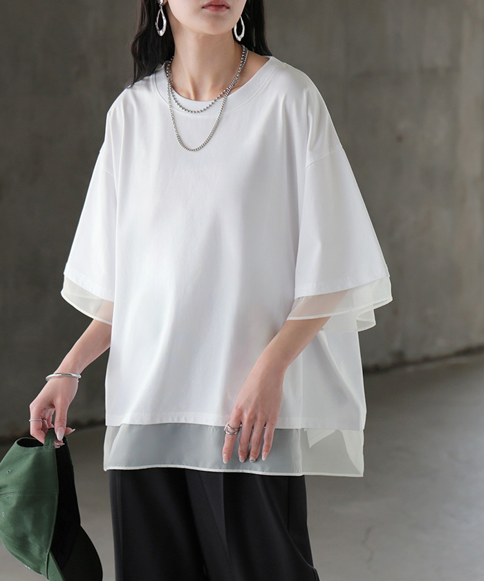 Tシャツ レイヤード風 レディース トップス 半袖 カットソー ロング ティーシャツ 異素材 ドッキング レイヤード クルーネック 長い ドルマン ドルマンスリーブ | HUG.U | 01