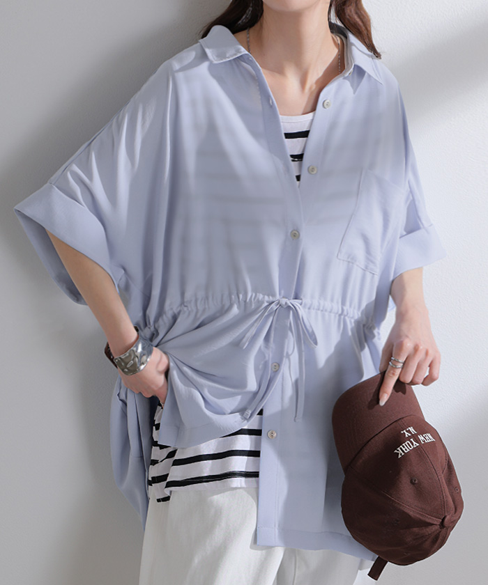 ブラウス ウエストドロー レディース トップス ロング シャツ チュニック ドルマン しわになりにくい 半袖 五分袖 羽織 ライトアウター 軽い サテン きれいめ | HUG.U | 02