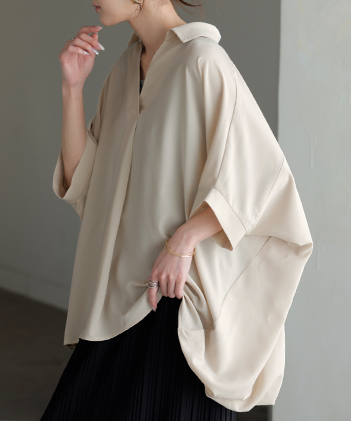 シャツ スキッパーシャツ ブラウス レディース トップス 半袖 Vネック 深Vネック 五分袖 襟付き バルーン ノンアイロン 体型カバー 大きいサイズ 着痩せ | HUG.U | 03