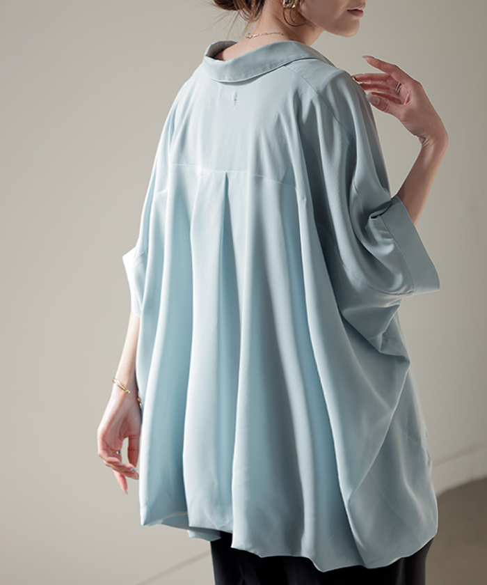 シャツ スキッパーシャツ ブラウス レディース トップス 半袖 Vネック 深Vネック 五分袖 襟付き バルーン ノンアイロン 体型カバー 大きいサイズ 着痩せ | HUG.U | 02