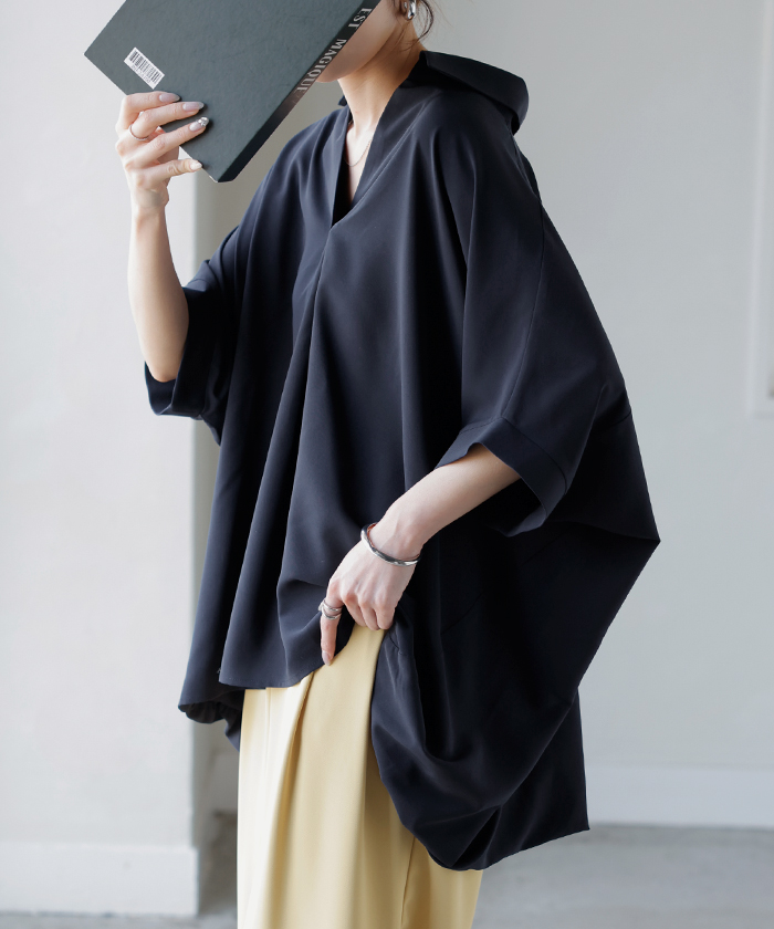 シャツ スキッパーシャツ ブラウス レディース トップス 半袖 Vネック 深Vネック 五分袖 襟付き バルーン ノンアイロン 体型カバー 大きいサイズ 着痩せ | HUG.U | 04