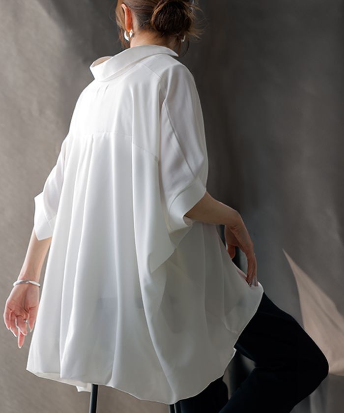 シャツ スキッパーシャツ ブラウス レディース トップス 半袖 Vネック 深Vネック 五分袖 襟付き バルーン ノンアイロン 体型カバー 大きいサイズ 着痩せ | HUG.U | 01