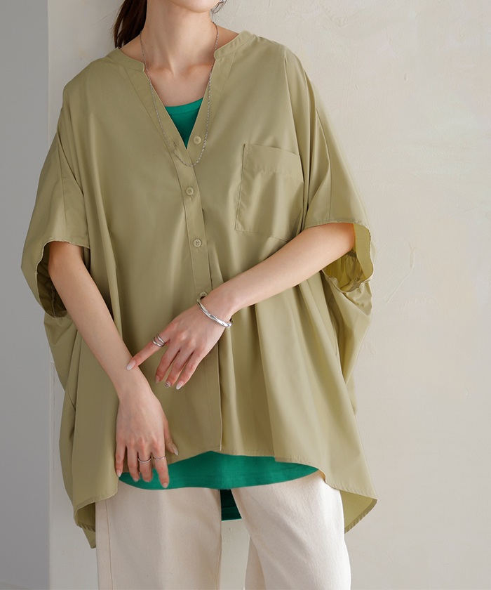 シャツ シャーリング スキッパー レディース トップス ブラウス ロング ロングシャツ チュニック 抜き襟 ポケット 半袖 五分袖 長い 無地 | HUG.U | 02