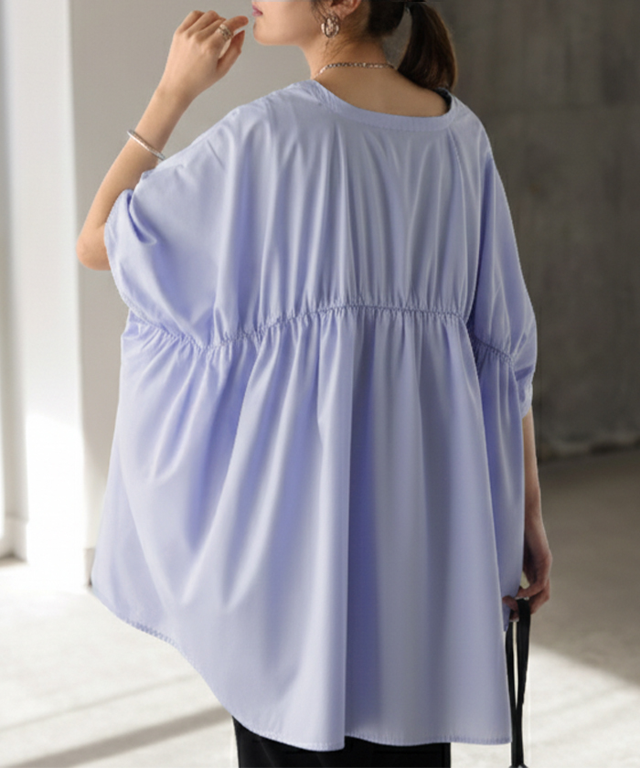 シャツ シャーリング スキッパー レディース トップス ブラウス ロング ロングシャツ チュニック 抜き襟 ポケット 半袖 五分袖 長い 無地 | HUG.U | 03