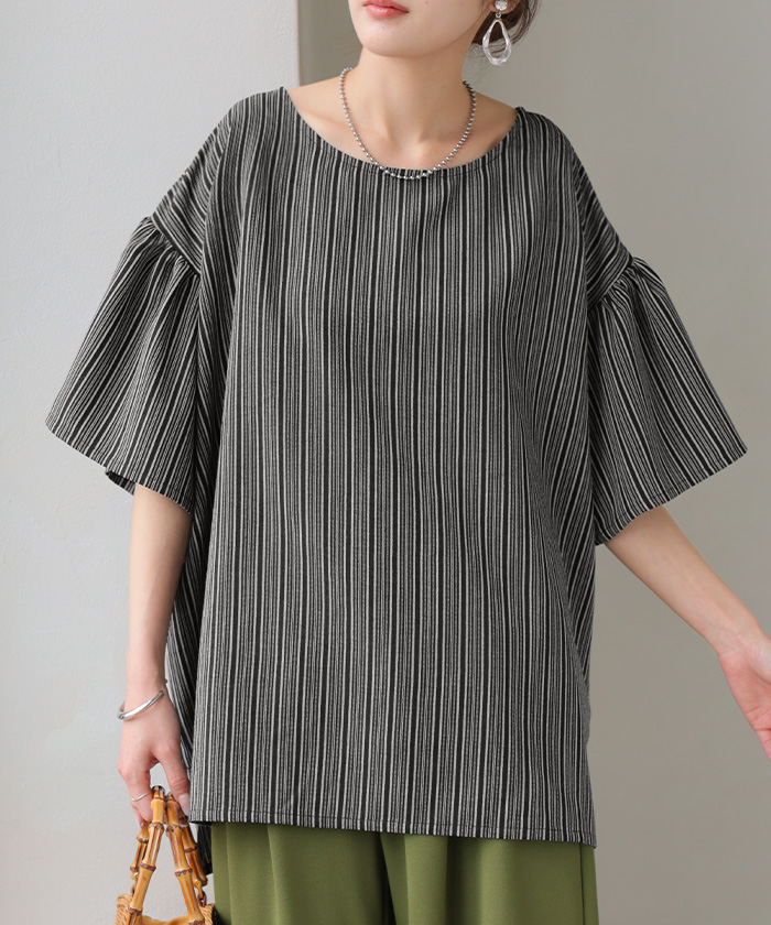 ブラウス ストライプ レディース トップス ベル袖 ロング シャツ チュニック 綿ライク しぼ感 ワッシャー フリル 半袖 しわになりにくい クルーネック 軽い 薄手 | HUG.U | 02