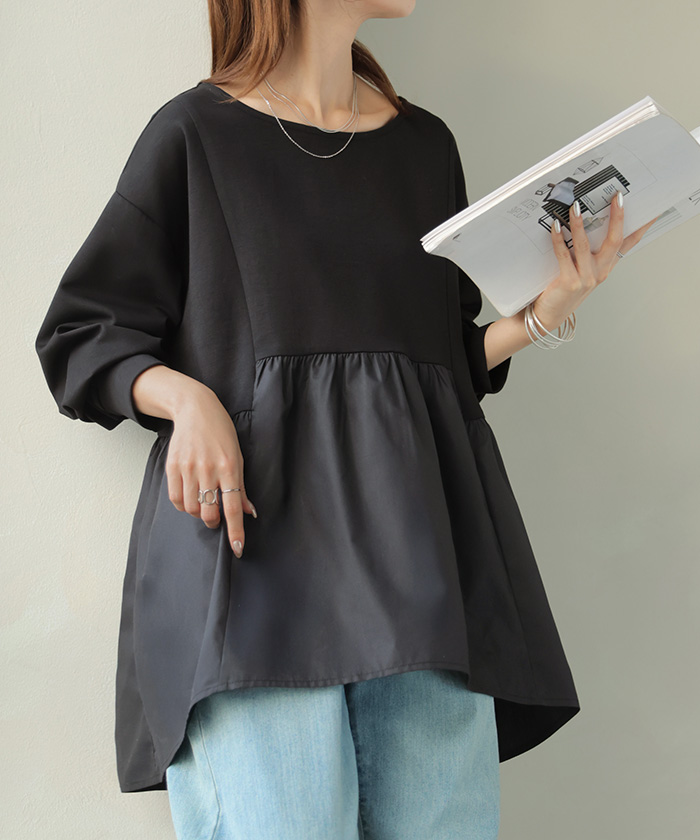 トップス ポンチ スウェット シャツ 異素材 ドッキング レディース ペプラム ロング トレーナー チュニック プルオーバー ペプラムトップス 無地 長袖 | HUG.U | 02