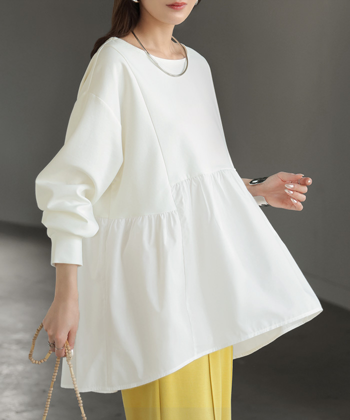 トップス ポンチ スウェット シャツ 異素材 ドッキング レディース ペプラム ロング トレーナー チュニック プルオーバー ペプラムトップス 無地 長袖 | HUG.U | 01