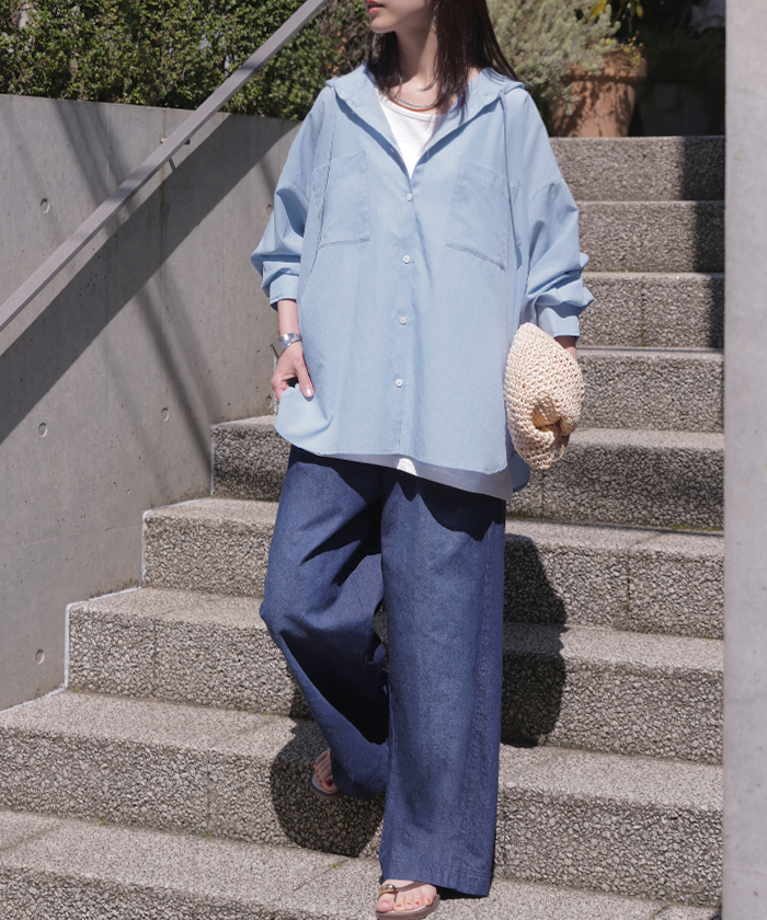 シャツ シアーシャツ フード付き パーカー トップス アウター レディース 羽織り 前開き 長袖シャツ ブラウス リネン混 Vネック 薄手 冷房対策 お尻が隠れる | HUG.U | 03