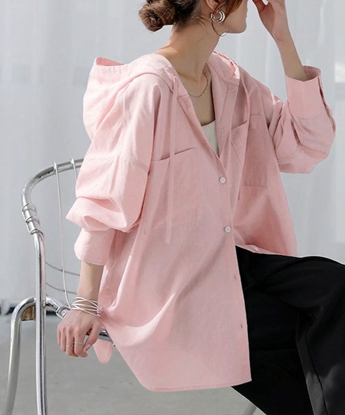 シャツ シアーシャツ フード付き パーカー トップス アウター レディース 羽織り 前開き 長袖シャツ ブラウス リネン混 Vネック 薄手 冷房対策 お尻が隠れる | HUG.U | 02