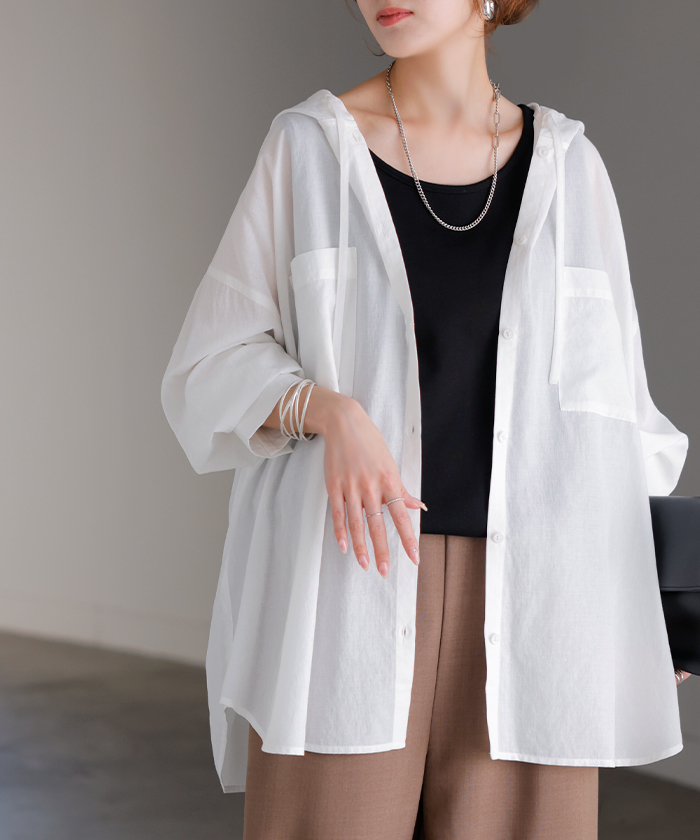 シャツ シアーシャツ フード付き パーカー トップス アウター レディース 羽織り 前開き 長袖シャツ ブラウス リネン混 Vネック 薄手 冷房対策 お尻が隠れる | HUG.U | 01
