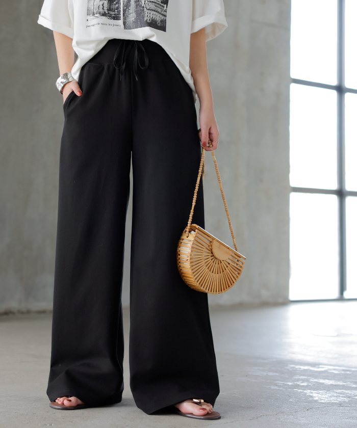 パンツ ワイド レディース ボトムス シワになりにくい ズボン ずぼん ロングパンツ ロング ストレート ウエストゴム 締め付けない ストレッチ マタニティ 妊娠 | HUG.U | 04