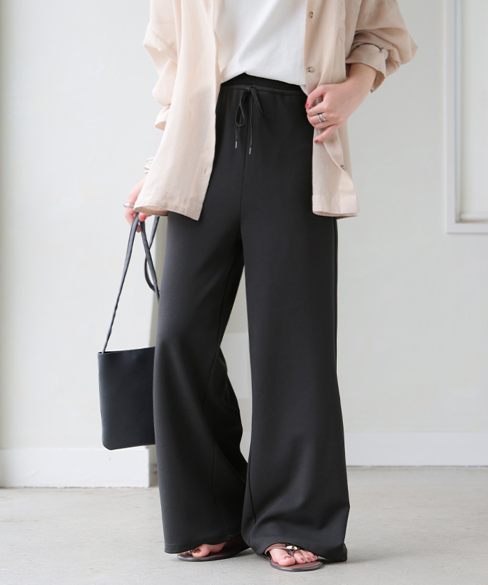 パンツ ワイド 極楽 レディース ボトムス ロング ストレート ずぼん ボトム ウエスト 紐 締め付けない ラクチン ストレッチ カジュアル マタニティ ハイウエスト | HUG.U | 04