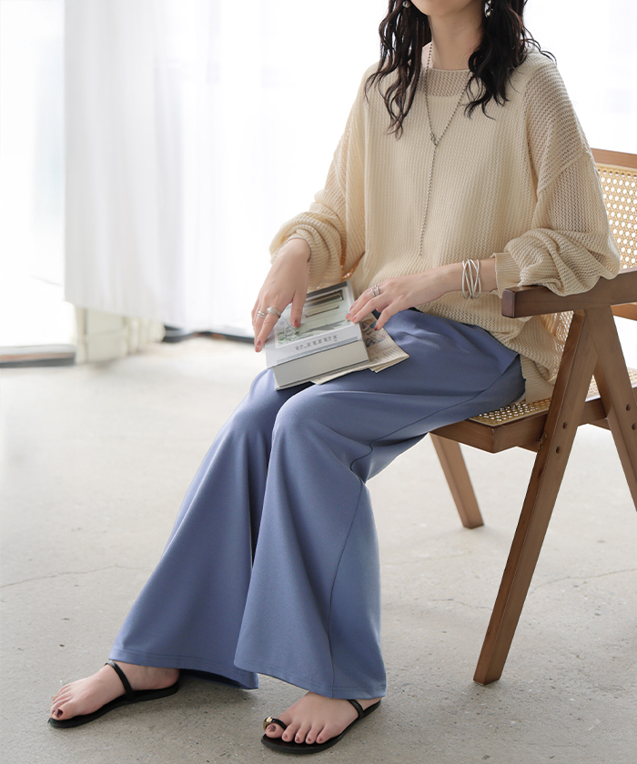 パンツ ワイド 極楽 レディース ボトムス ロング ストレート ずぼん ボトム ウエスト 紐 締め付けない ラクチン ストレッチ カジュアル マタニティ ハイウエスト | HUG.U | 03