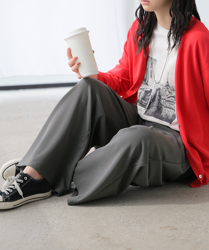 パンツ ワイド 極楽 レディース ボトムス ロング ストレート ずぼん ボトム ウエスト 紐 締め付けない ラクチン ストレッチ カジュアル マタニティ ハイウエスト | HUG.U | 01